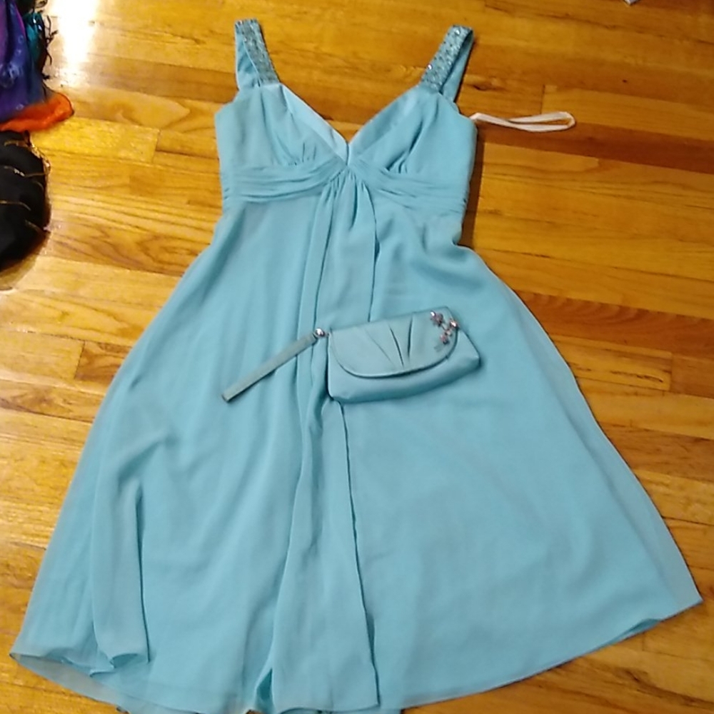 Blue Formal dress clutch and brooch David's Bridal